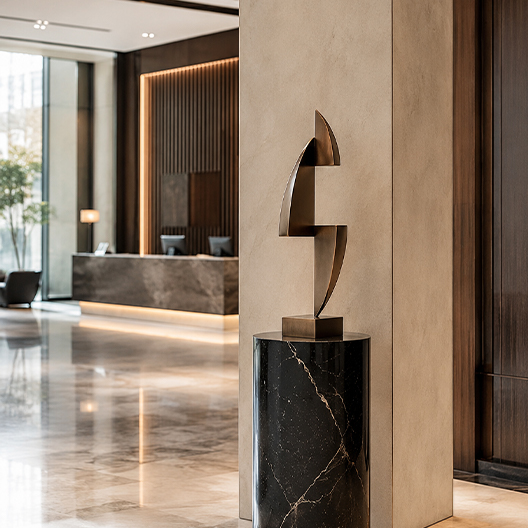 Cette sculpture sur mesure se distingue par sa composition verticale, ses formes géométriques et sa finition bronze raffinée. Elle est conçue pour décorer les réceptions d’hôtels, les halls d’entreprise, les villas, les galeries et les espaces d’accueil prestigieux. Ses dimensions, son socle, sa matière et sa finition peuvent être entièrement personnalisés.