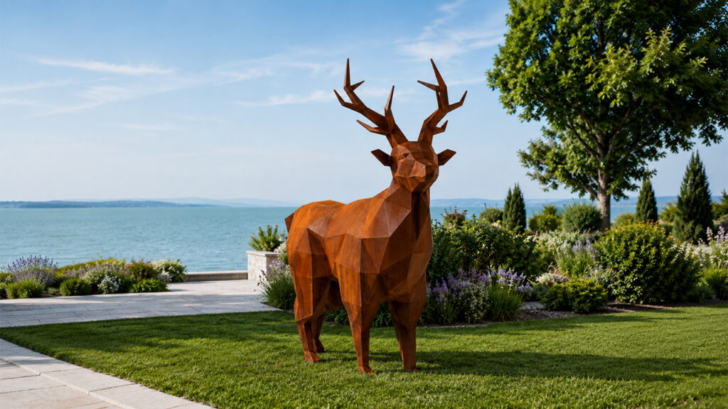 Sculpture géométrique de cerf en acier Corten installée dans un jardin paysager avec vue sur la mer