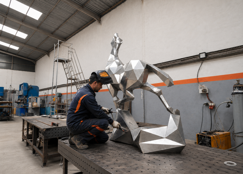 Artisan assemblant une sculpture géométrique de cheval en métal dans un atelier de sculpture au Maroc