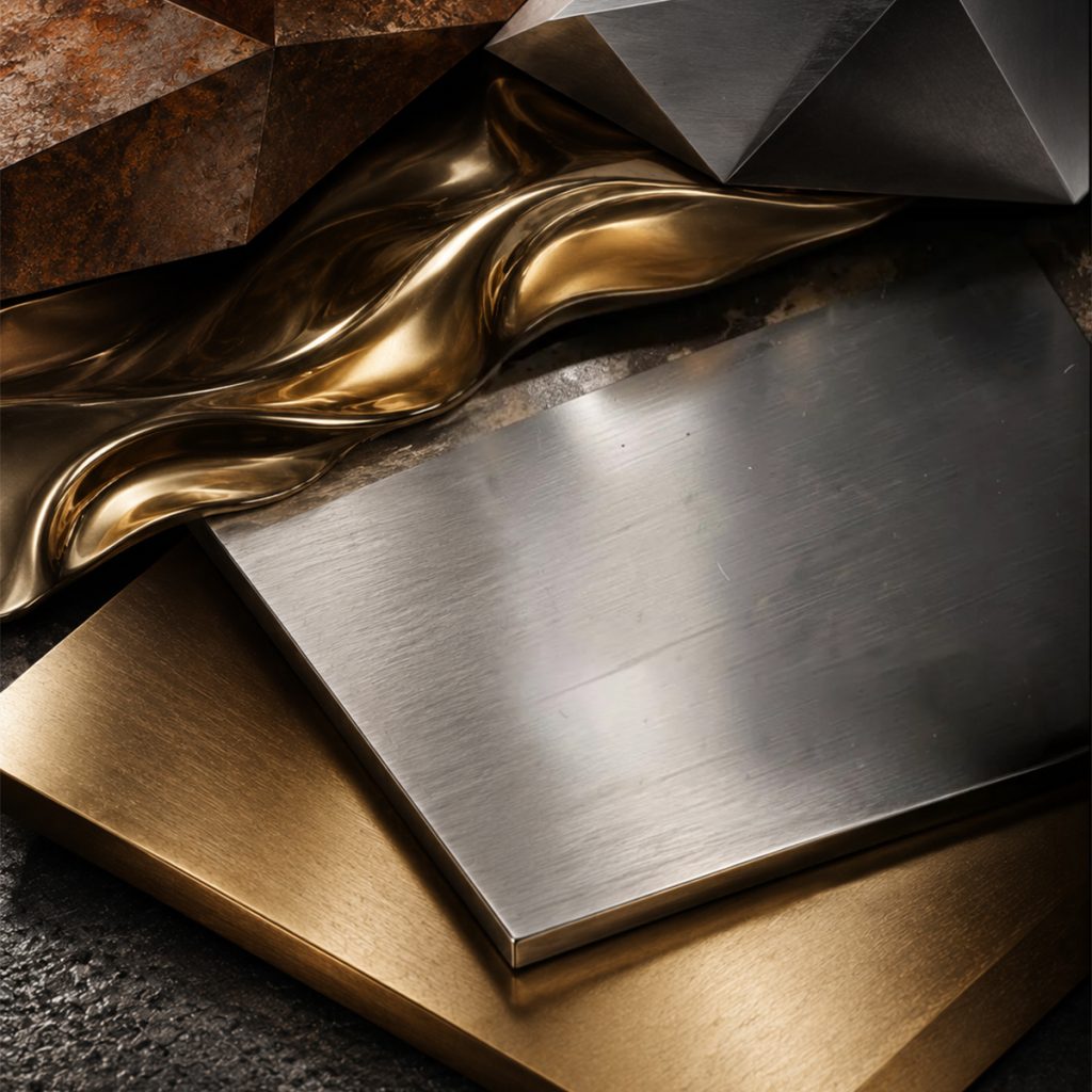 Échantillons de matériaux métalliques pour sculpture sur mesure en inox brossé, laiton, bronze et acier Corten