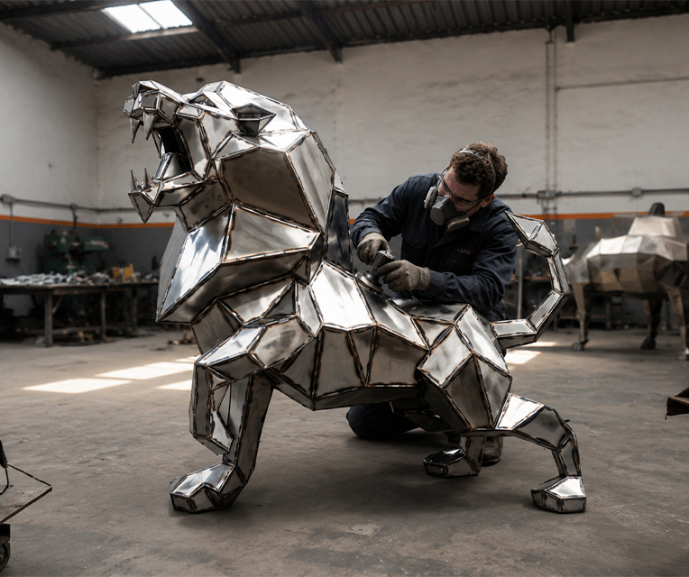 Artisan réalisant les finitions d’une sculpture polygonale de lion en métal dans un atelier au Maroc