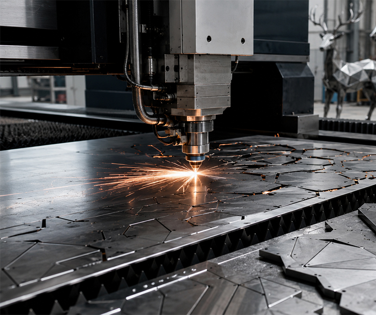Machine de découpe laser CNC produisant des pièces métalliques pour des sculptures géométriques au Maroc
