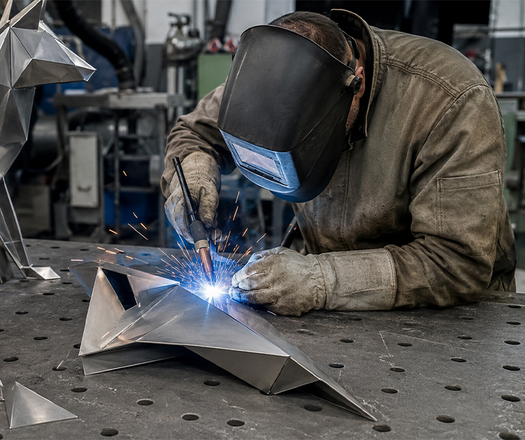 Artisan soudeur assemblant une sculpture géométrique en métal dans un atelier de sculpture au Maroc