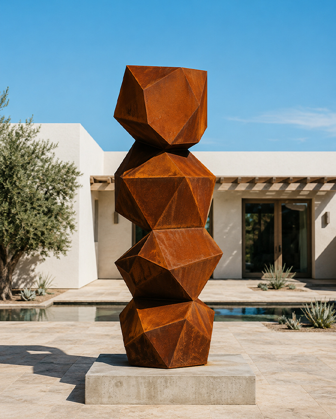 Sculpture sur mesure en acier Corten composée de volumes géométriques superposés devant une villa avec piscine