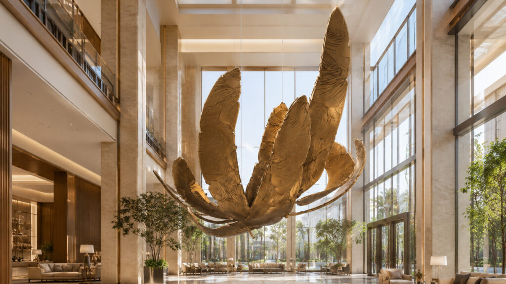 Sculpture sur mesure suspendue dorée en forme de pétales installée dans l’atrium lumineux d’un hôtel de luxe